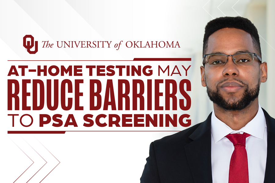 Promotional graphic with text about at-home PSA screening and a man in a suit.
