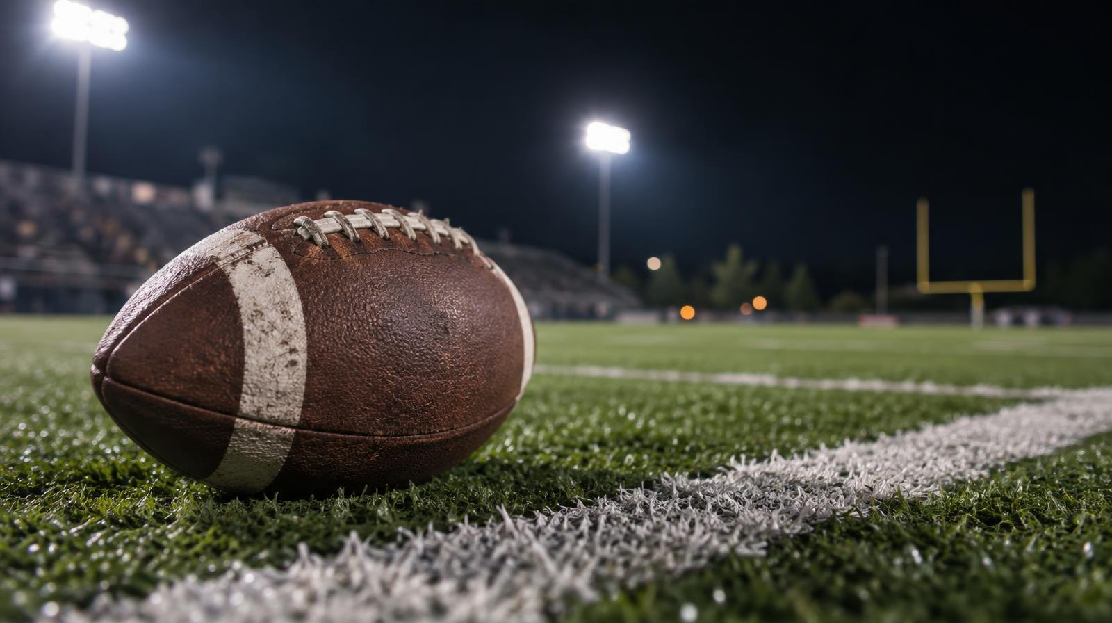 An American football on green turf beside a white yard line under bright lights.
