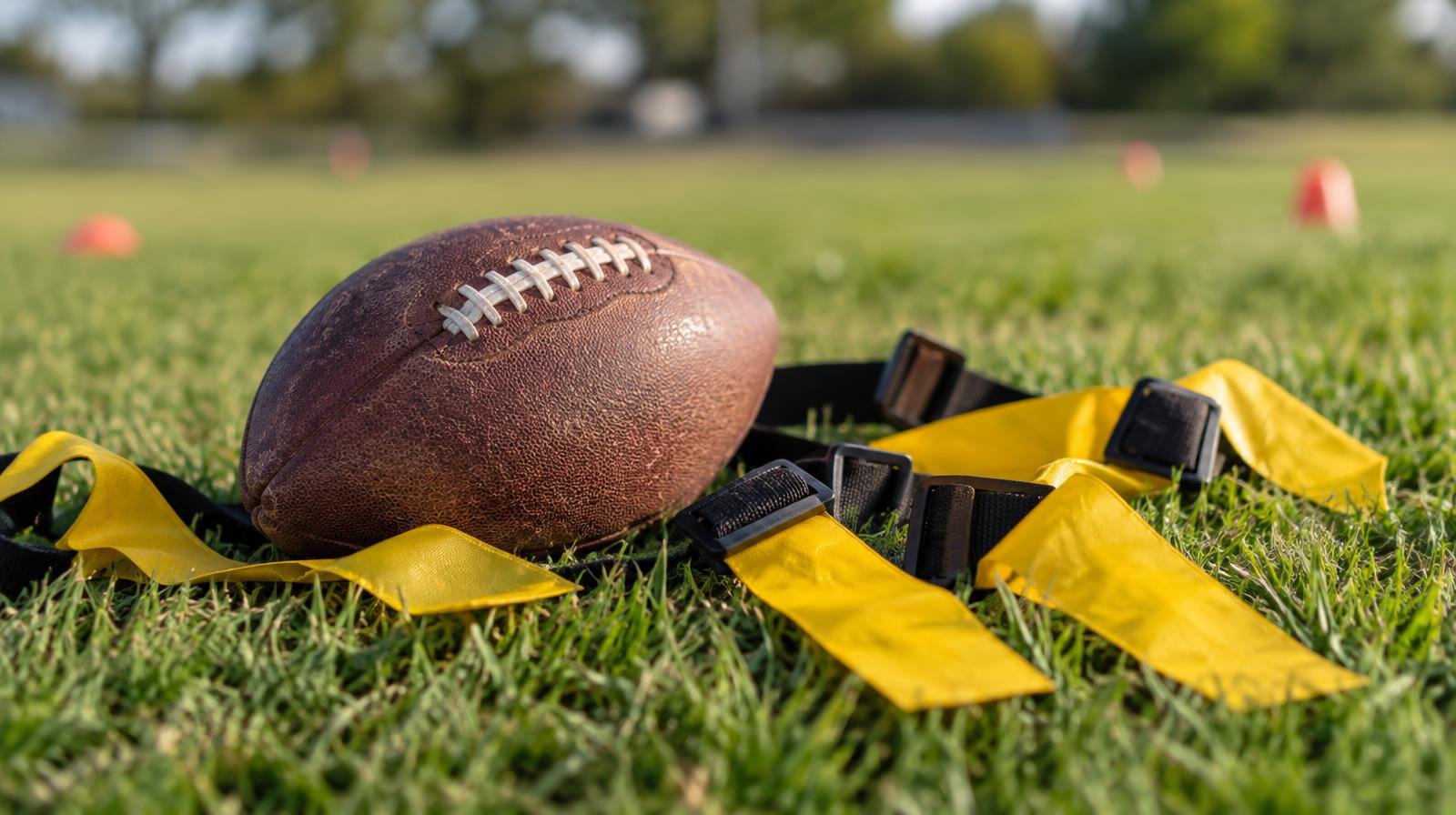 A football and flag football belts laid out on green grass.