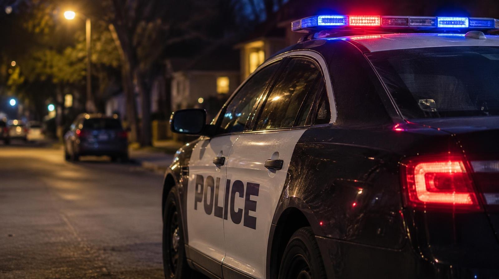 Police patrol car with emergency light bar on a dark residential street.