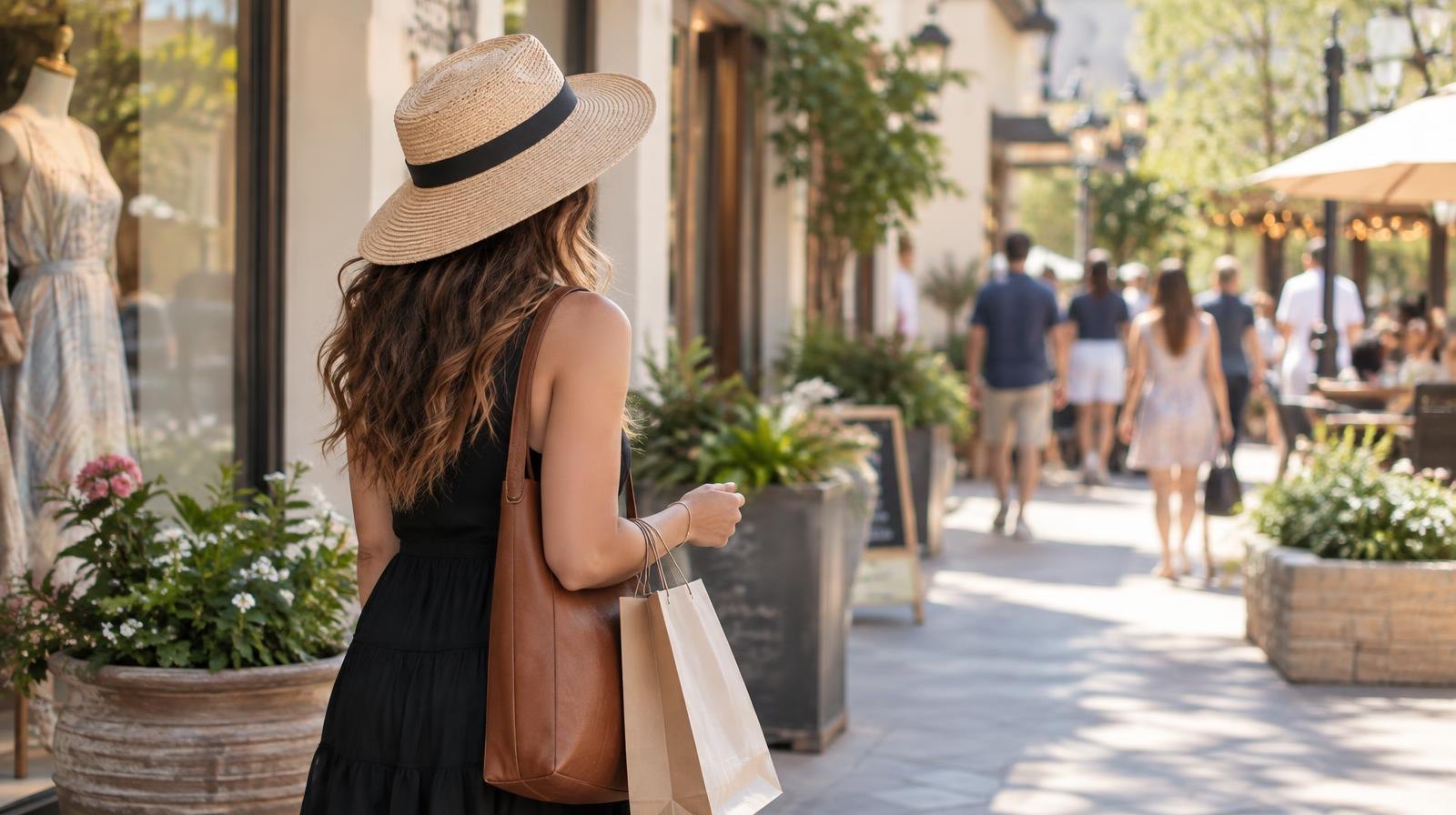 Outdoor shopping center with storefronts, potted plants, and pedestrians on a sunny day.