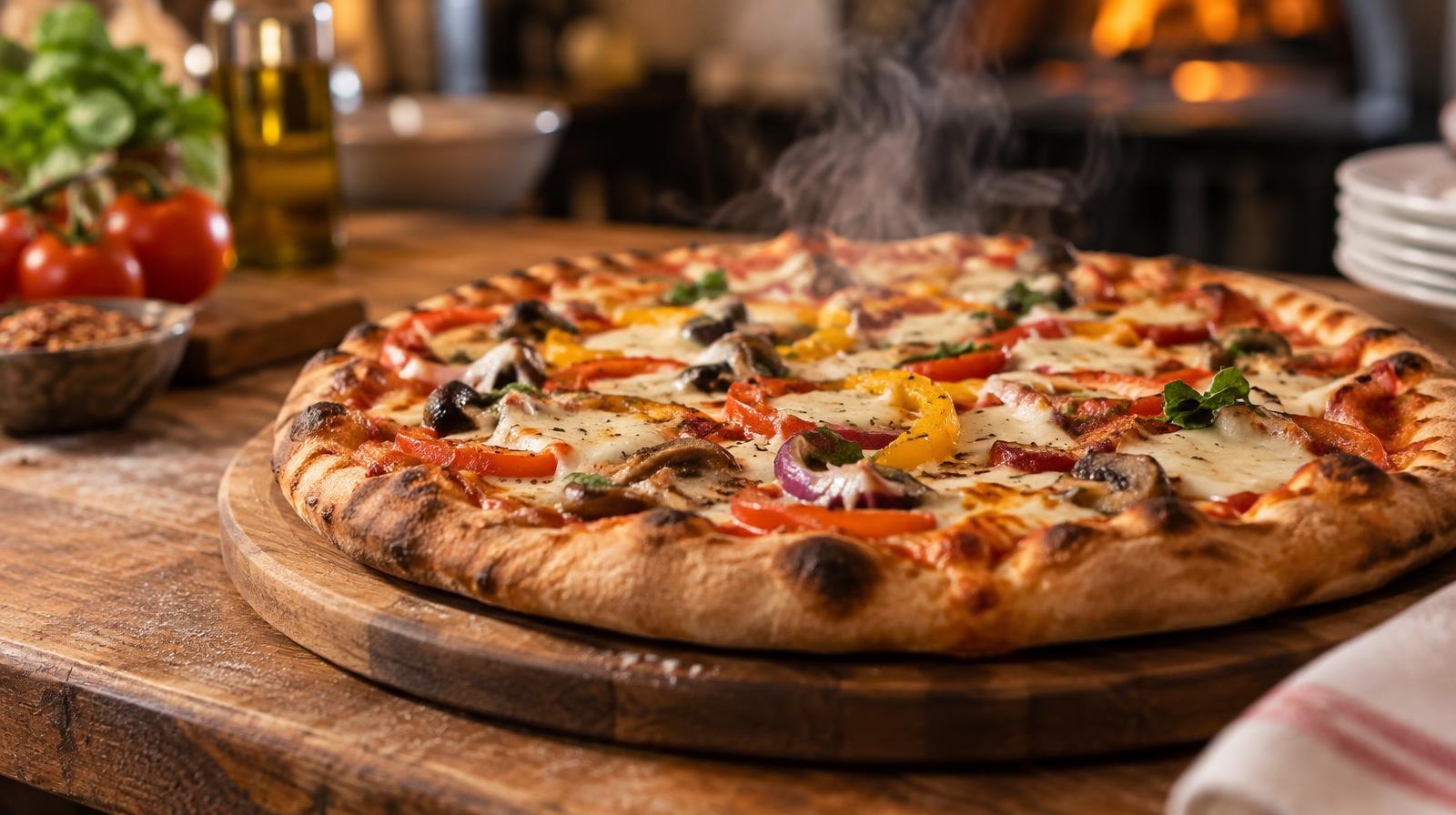 A freshly baked pizza with colorful toppings on a round wooden board, steam rising from the cheese.