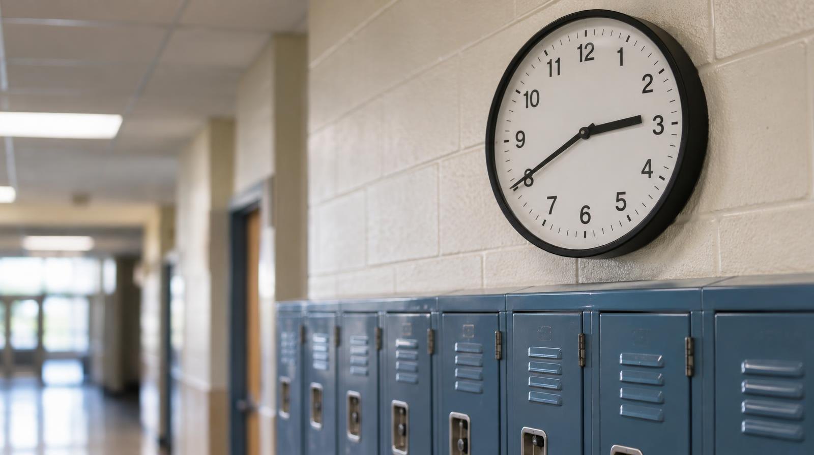 Wall clock mounted above a row of lockers in a school hallway.
