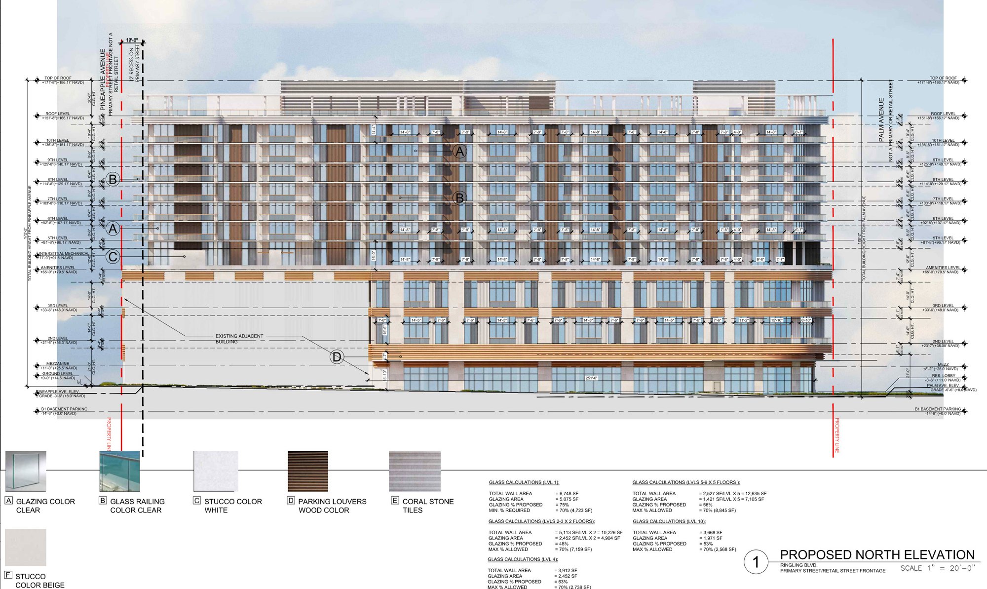 Architectural elevation drawing of a ten-story mixed-use building with annotated floor levels and material legend.