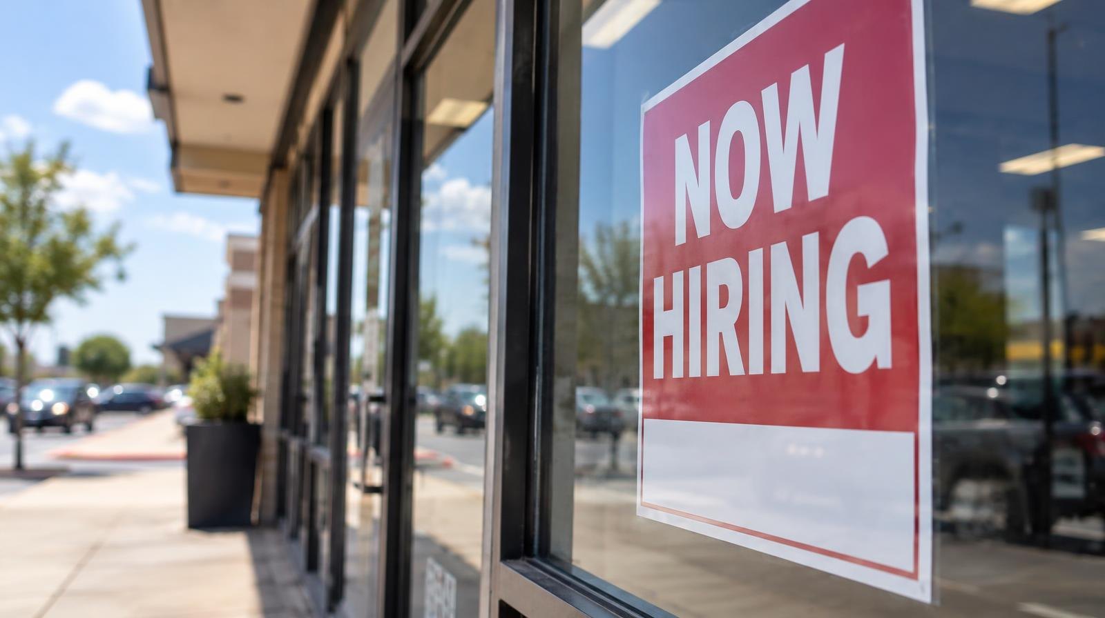 Retail storefront window with a Now Hiring sign on a sunny commercial strip.