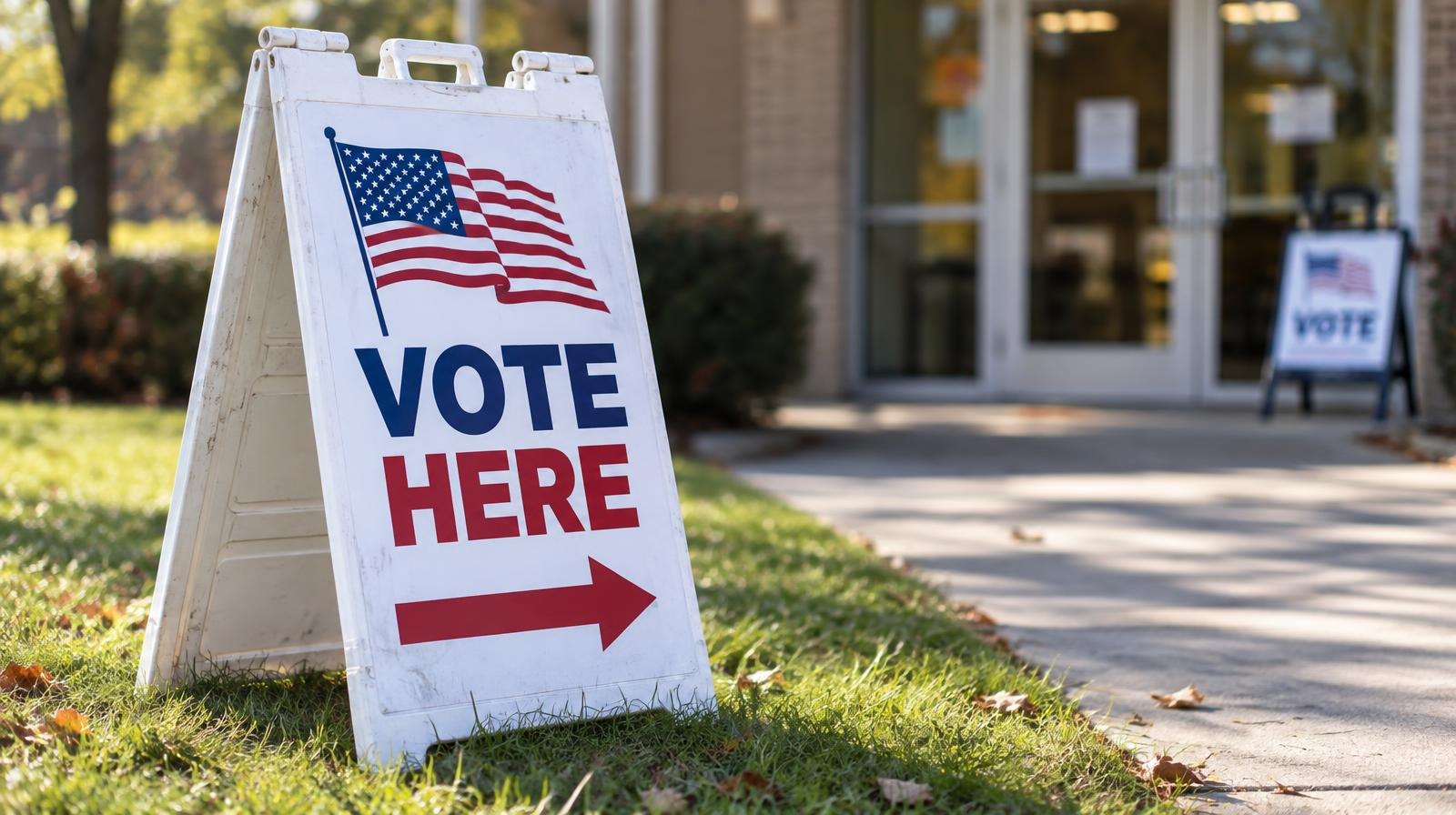 A white A-frame vote here sign with an American flag graphic on a grassy area.
