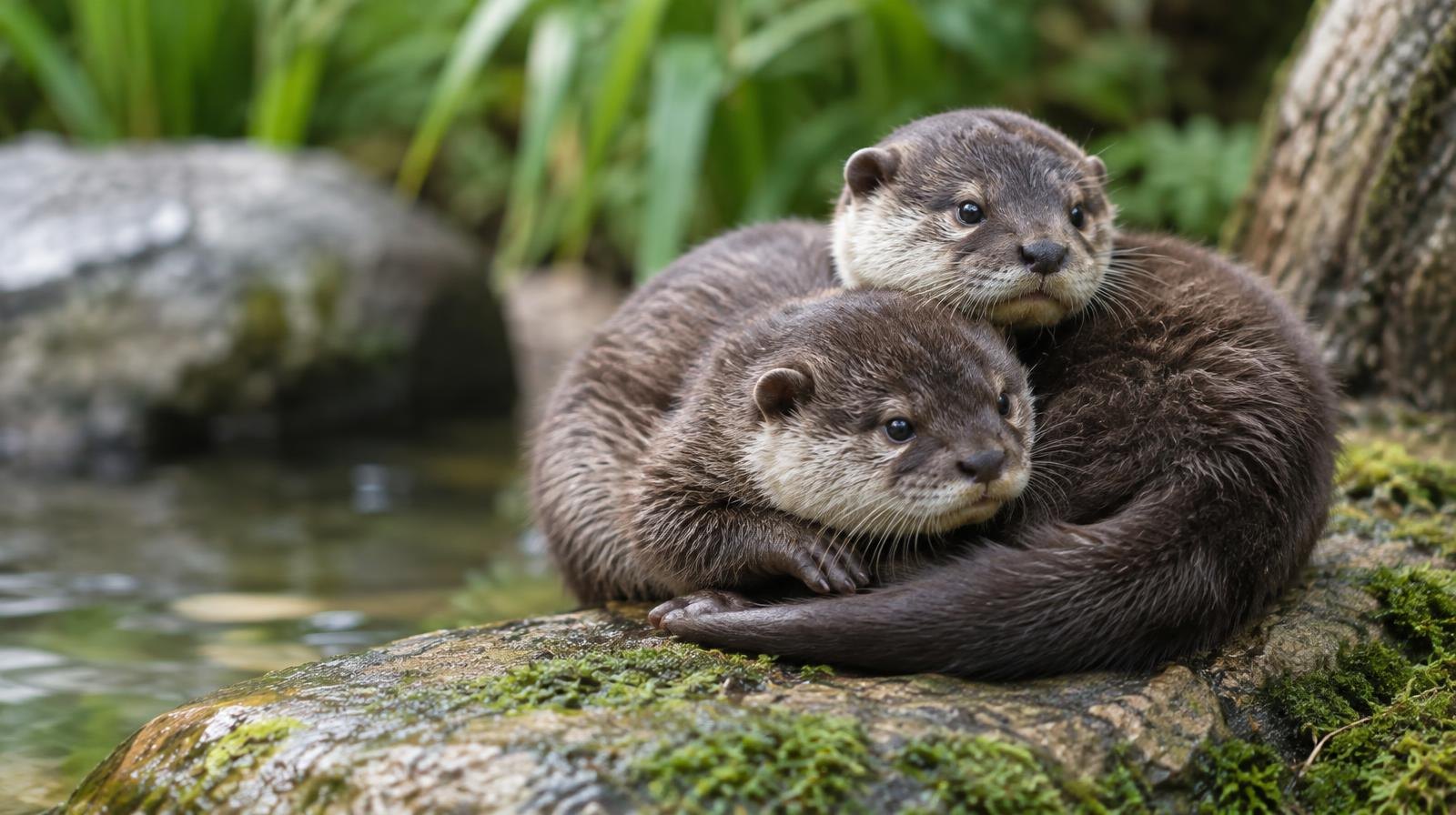 Two small otter pups curled together on a mossy rock beside shallow water.