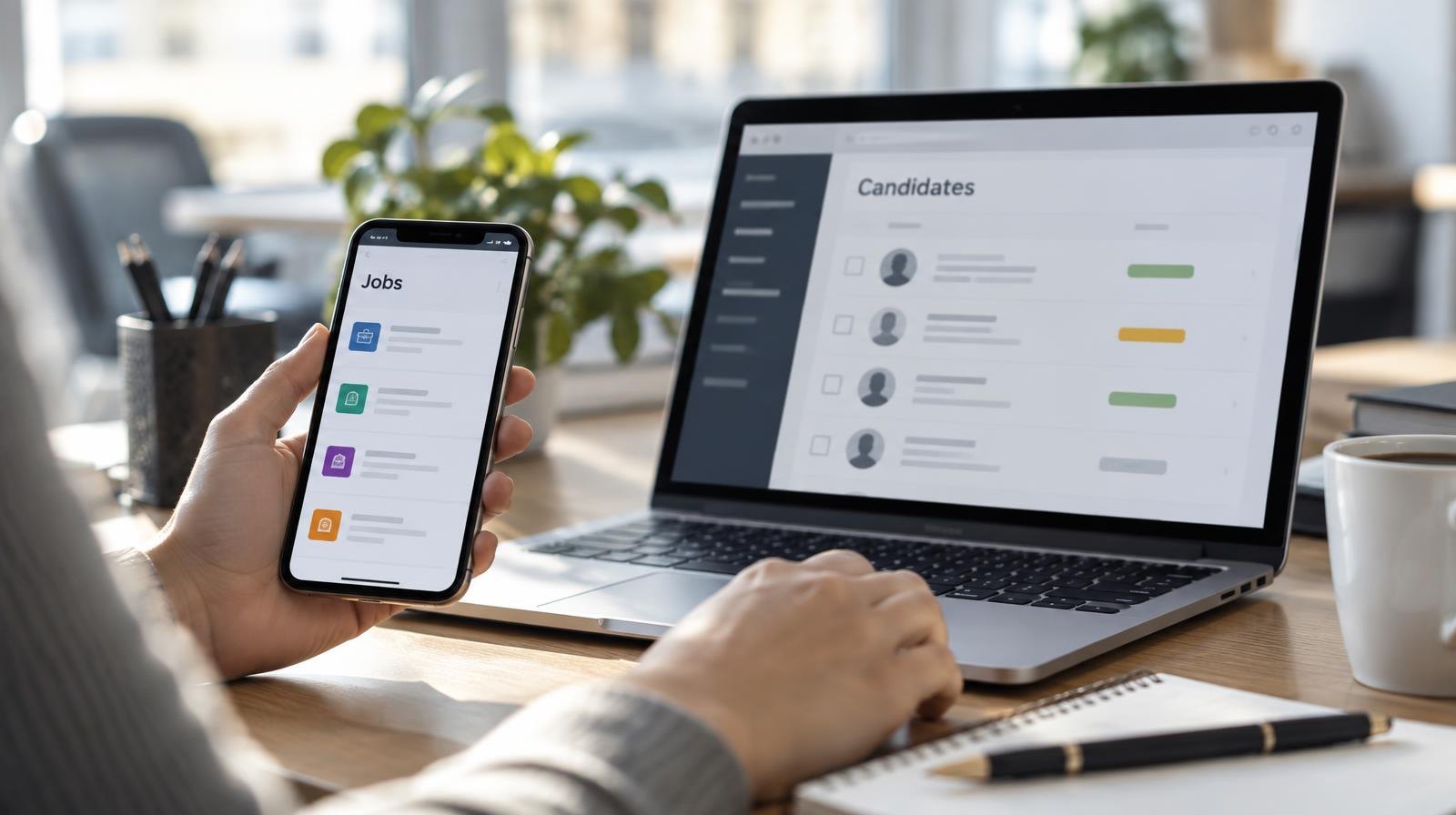 Smartphone and laptop on a desk showing job posting and screening interfaces.