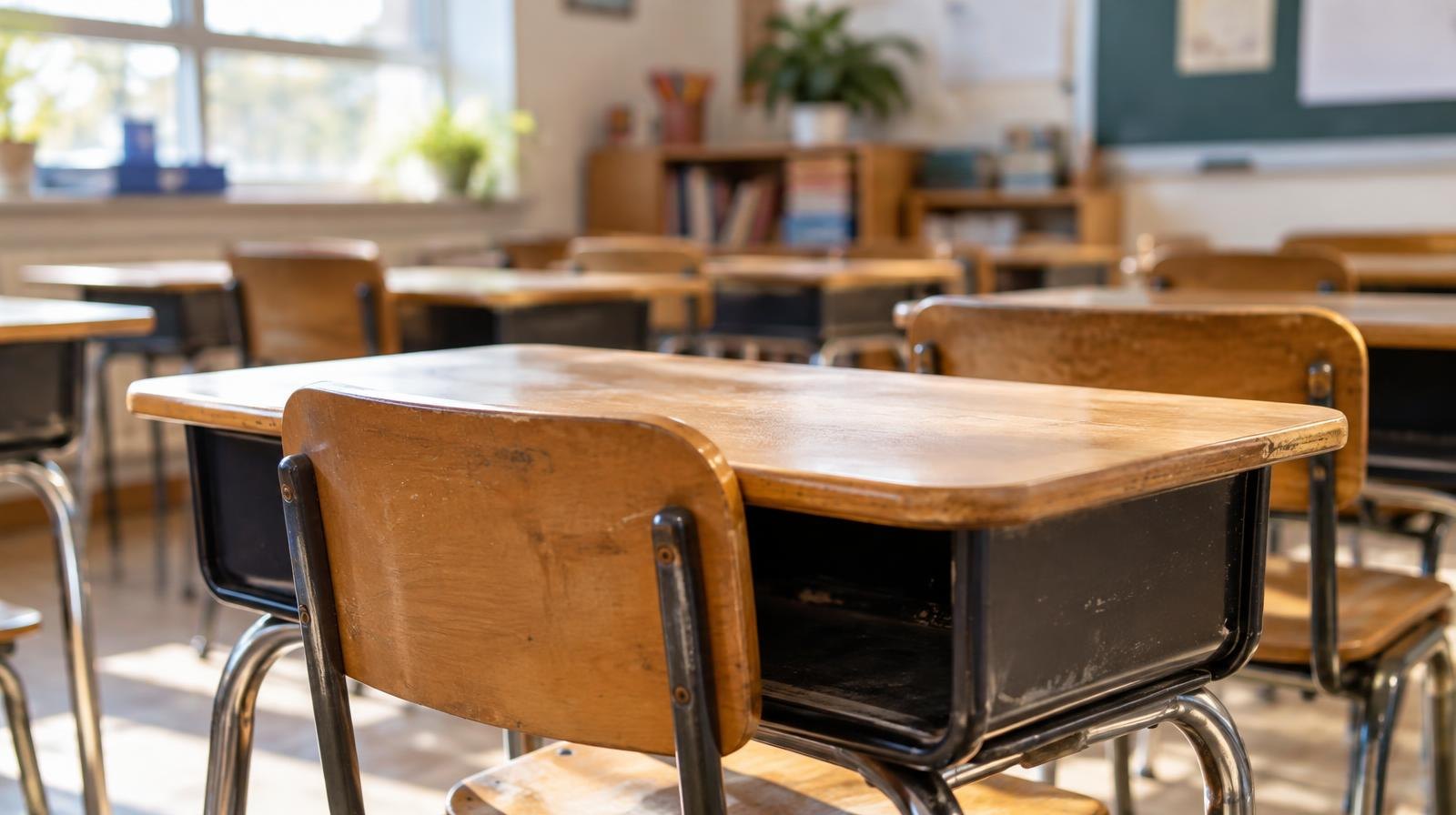 Rows of small wooden student desks and chairs in a bright, empty classroom.