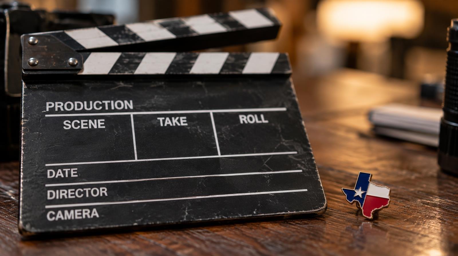 A film production clapperboard resting on a wooden surface beside a small flag pin.