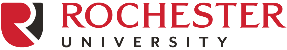 Red shield logo with the words Rochester University in red and gray.