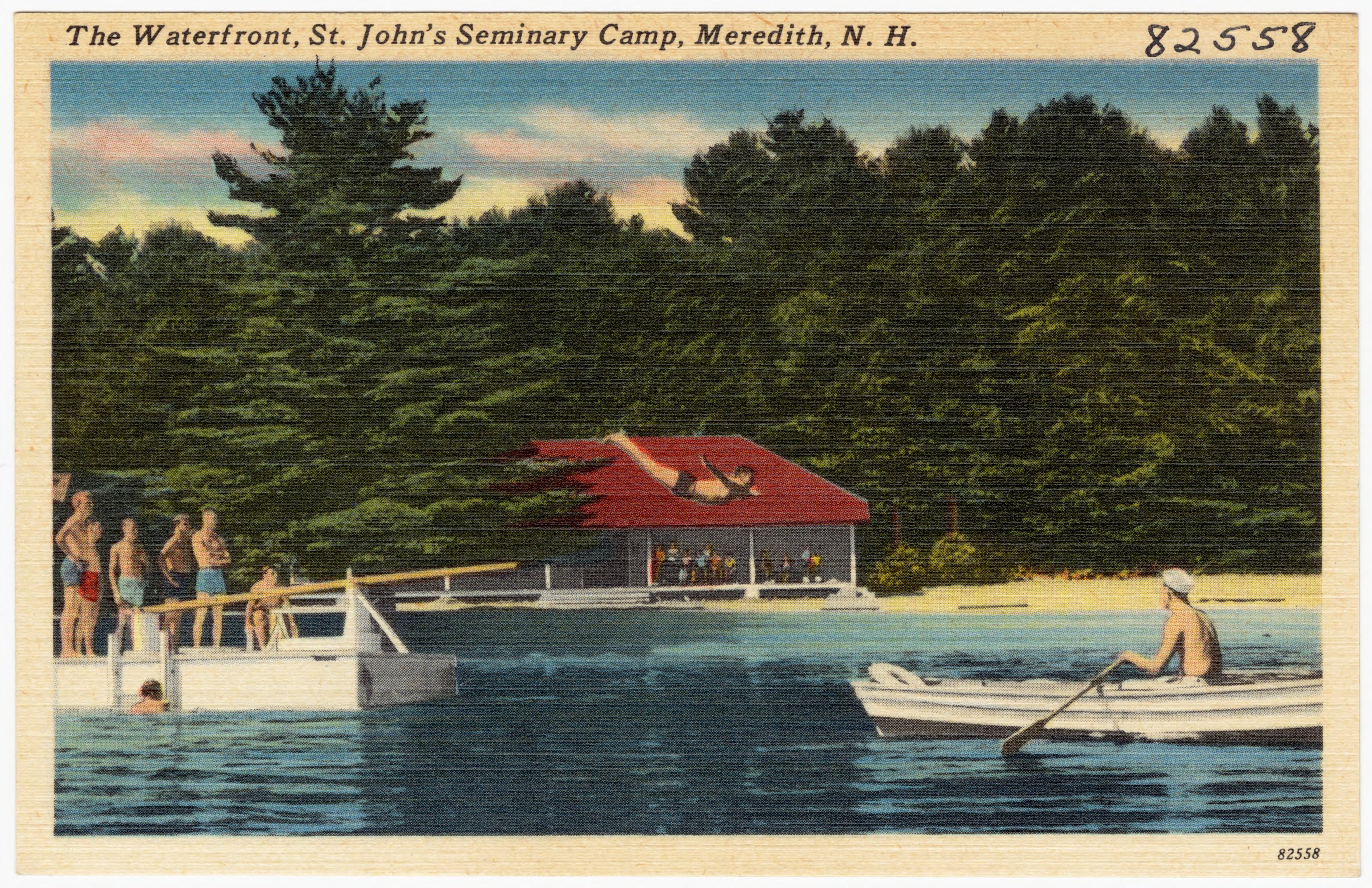 Vintage postcard of a lakeside camp dock, boathouse, and pine trees in Meredith, N.H.