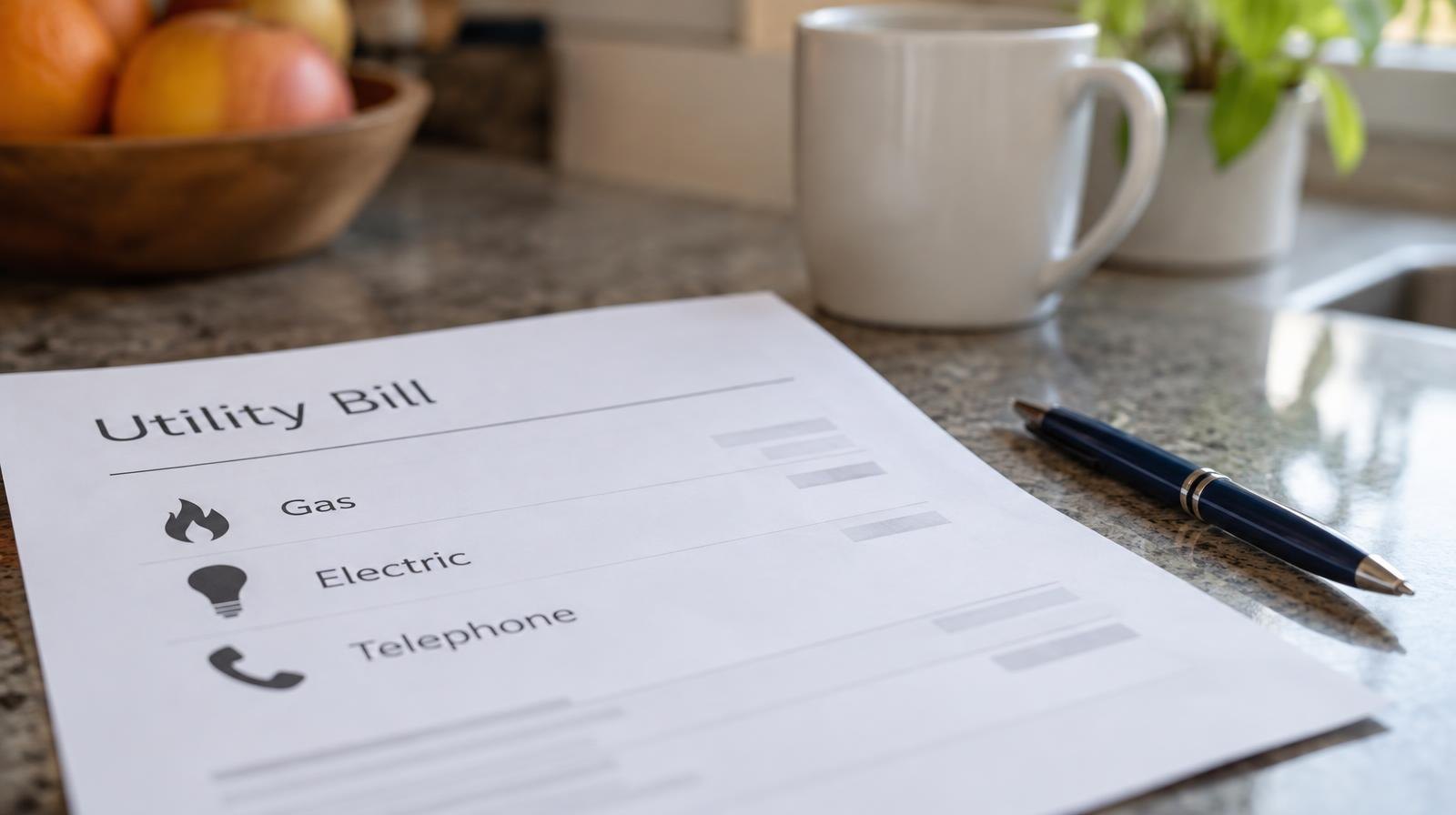 A utility bill statement on a kitchen counter beside a pen.