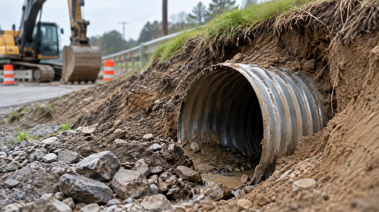 Corrugated metal drainage pipe partially exposed in an eroded dirt slope beside a road.