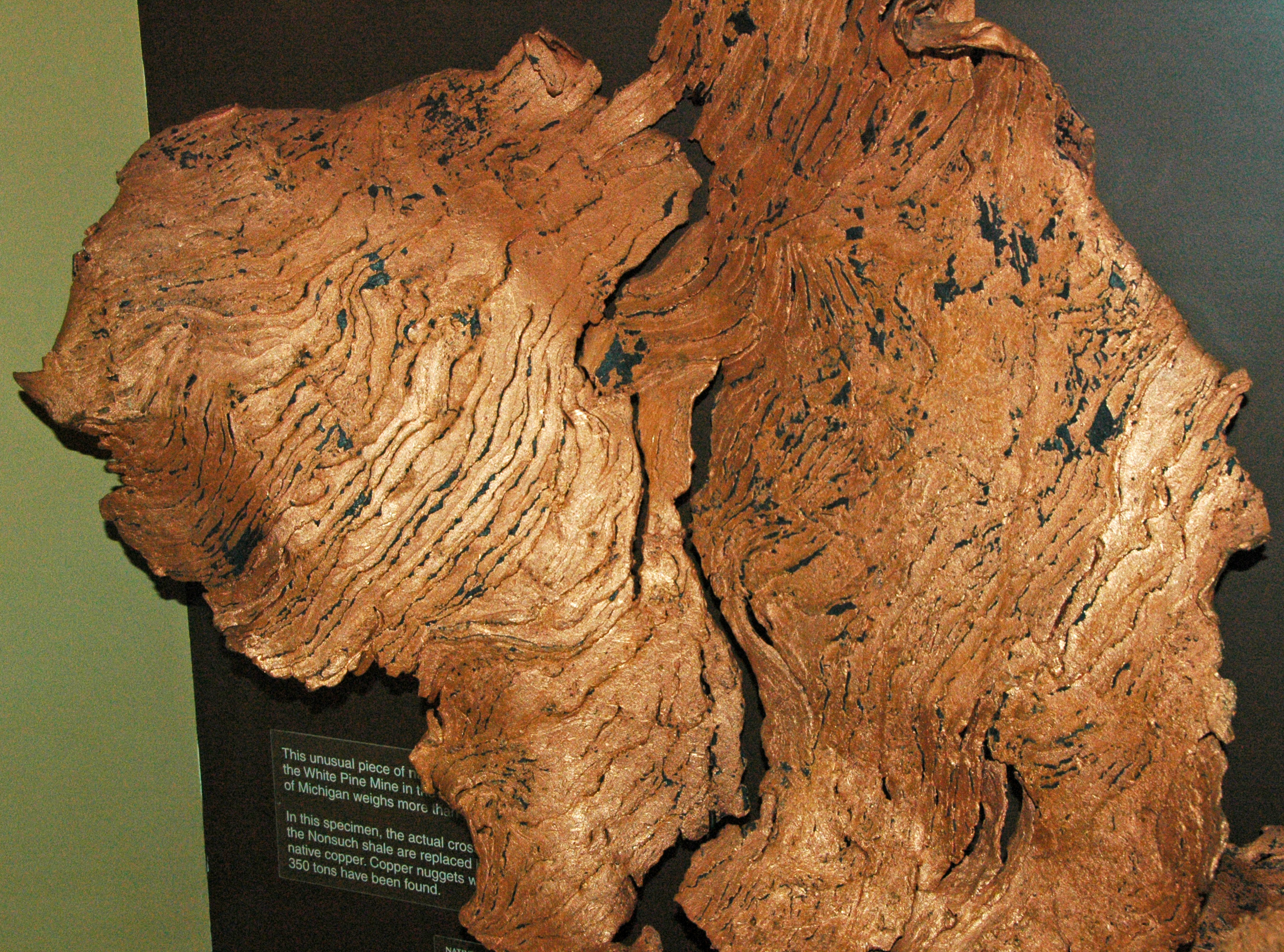 Large reddish-brown copper specimen with layered sedimentary rock texture on display.