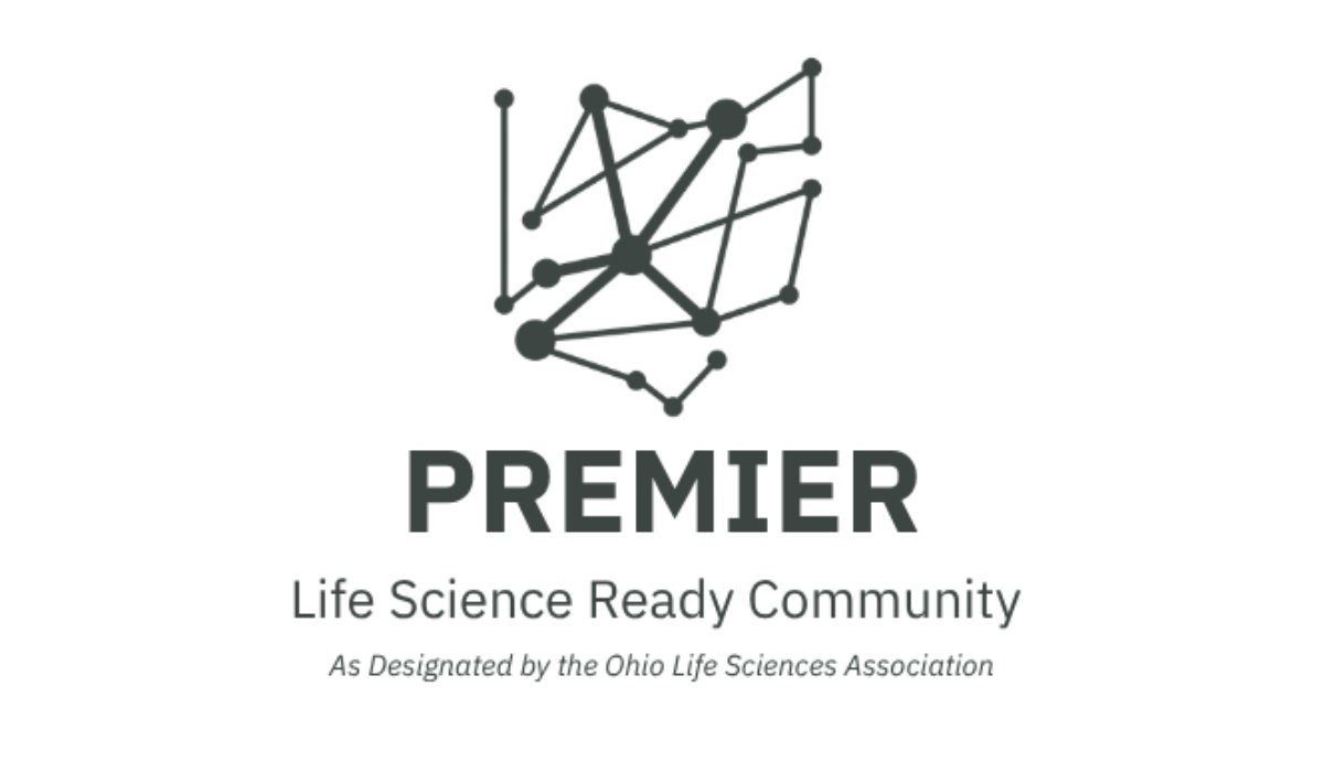 Logo reading Premier Life Science Ready Community as designated by the Ohio Life Sciences Association.