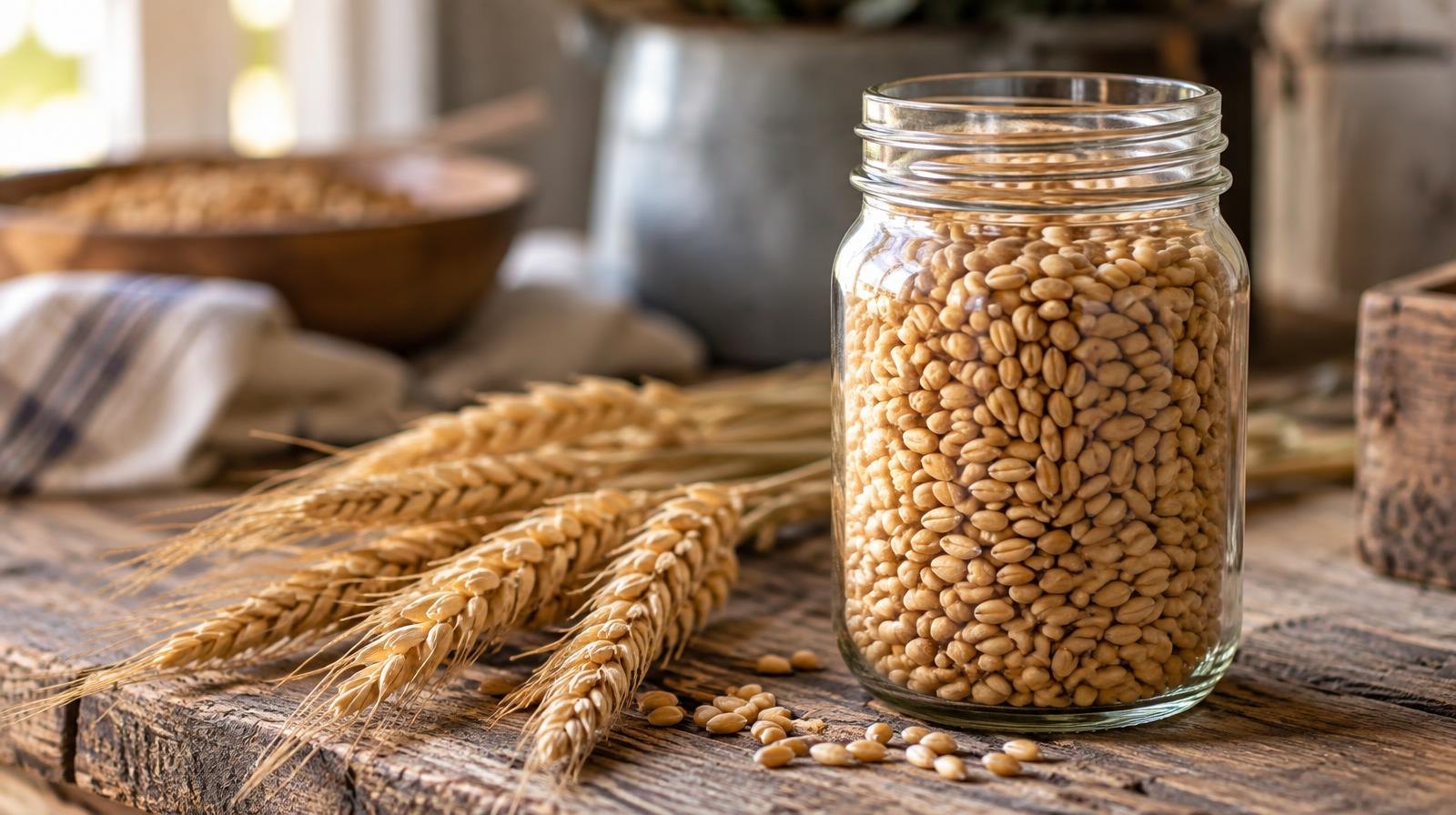 A glass mason jar filled with golden wheat kernels beside loose wheat stalks.