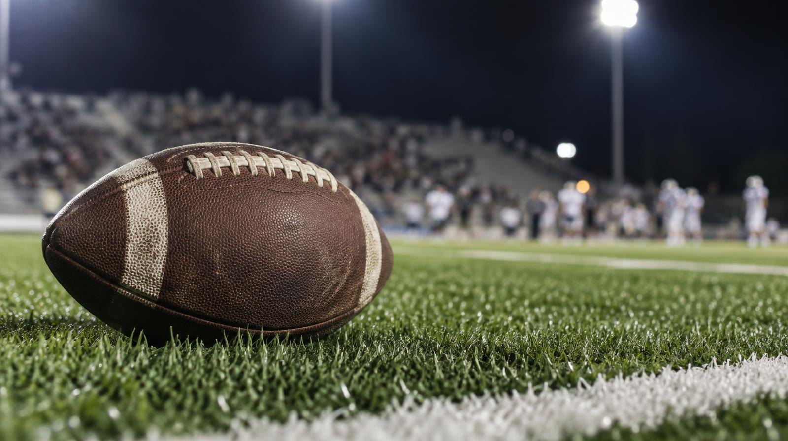 An American football on green turf beside a white yard line under bright lights.