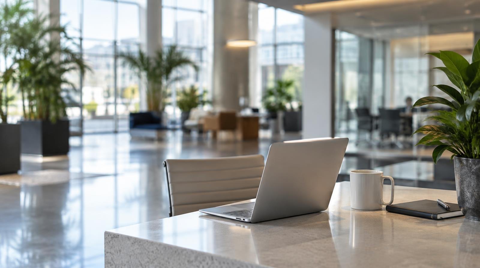 Bright modern office lobby with open workstations and large windows.