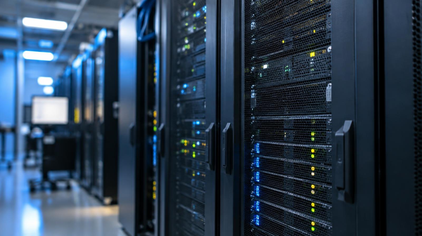 Rows of tall black server racks with blinking indicator lights in a data center.