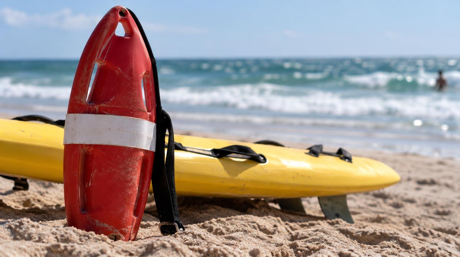 Red and white rescue buoy and yellow rescue board resting on sandy beach with ocean waves behind.