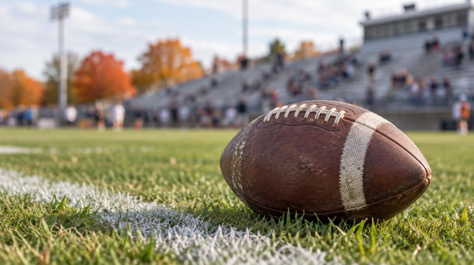 An American football on green grass next to a white painted yard line.