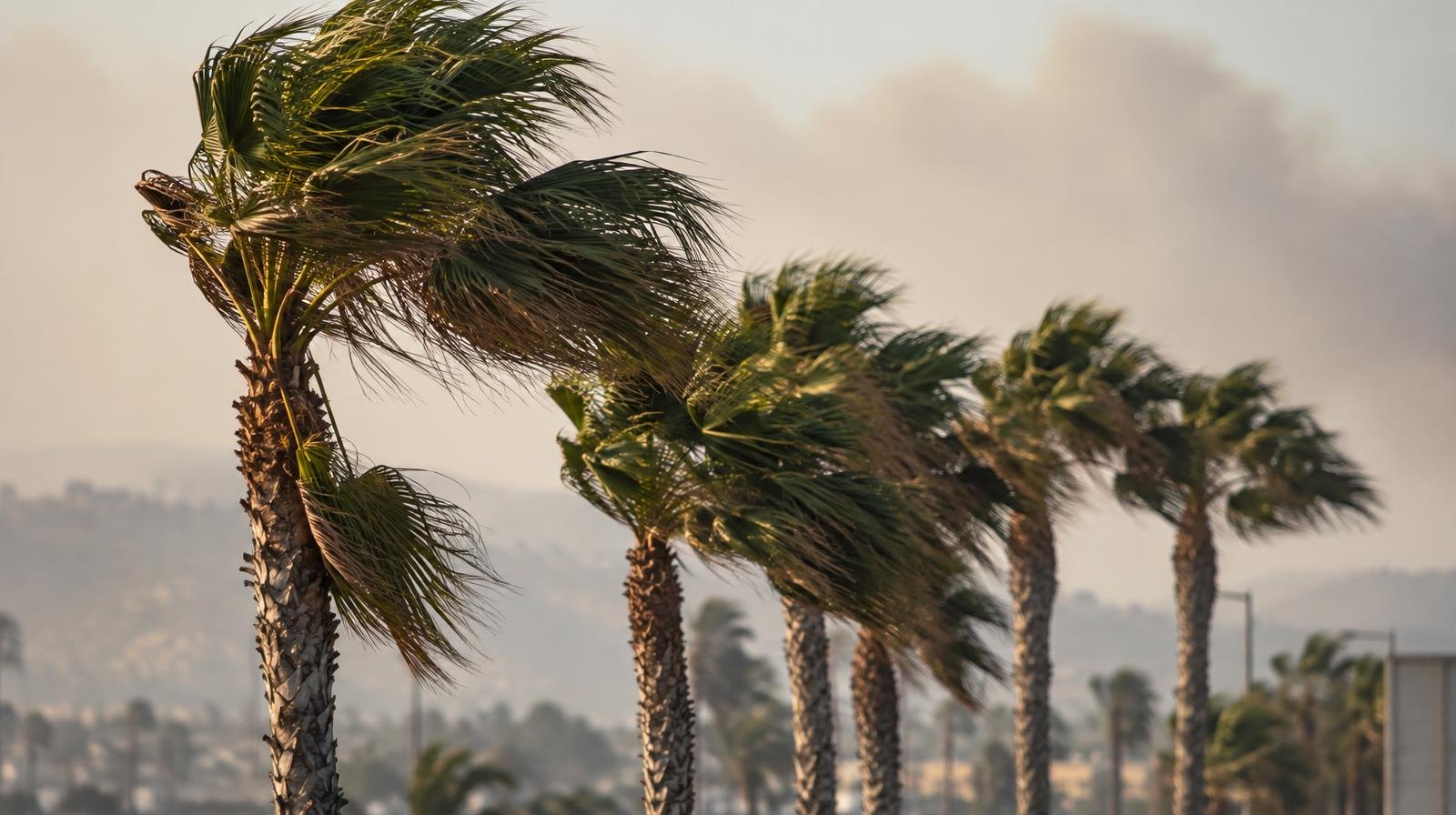Row of palm trees bending sharply in strong wind against a hazy sky.