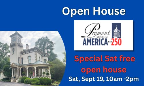 Event flyer showing a Victorian mansion and text announcing a free museum open house.