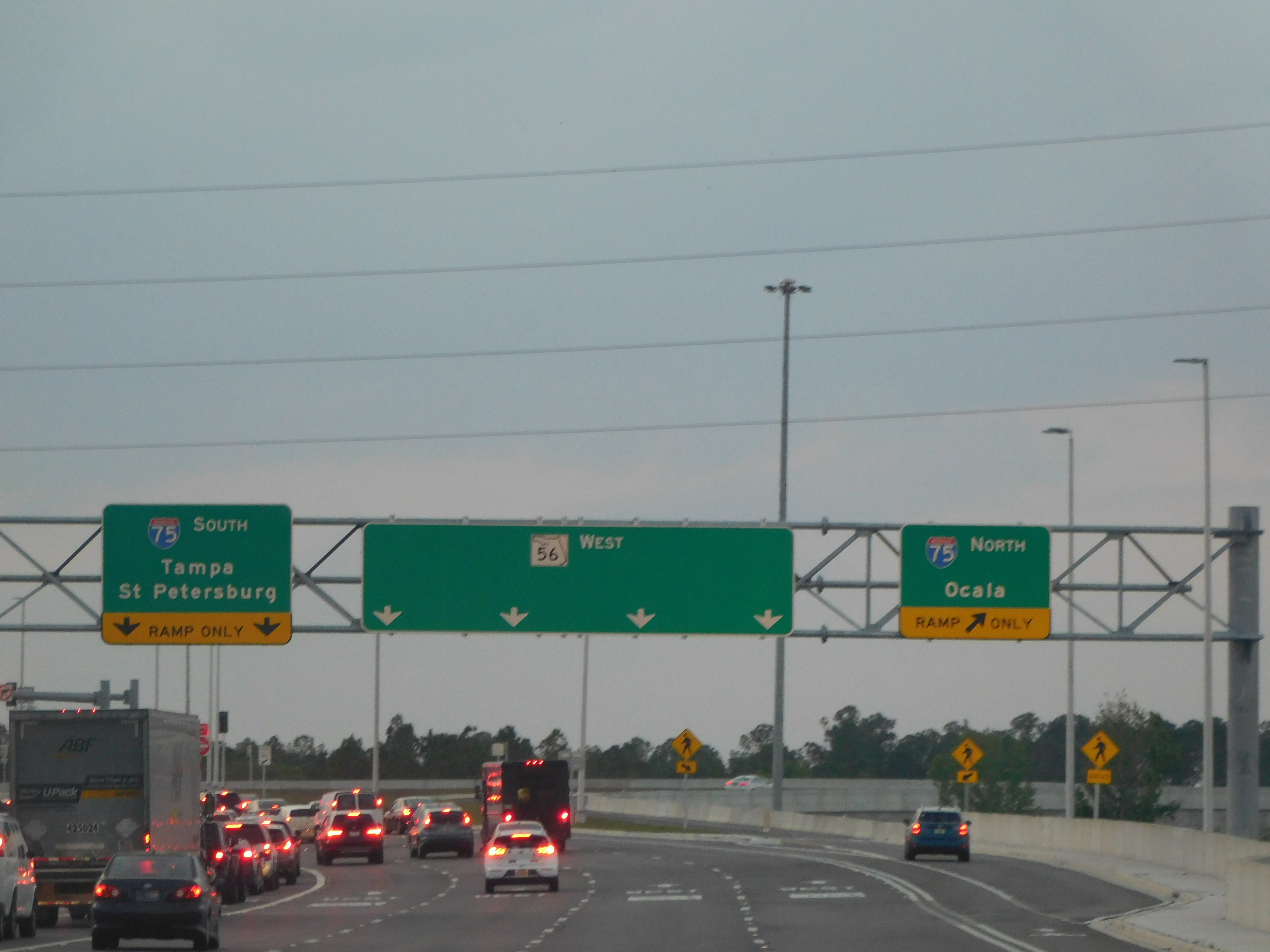 Multi-lane State Road 56 with overhead green highway signs at the I-75 interchange.