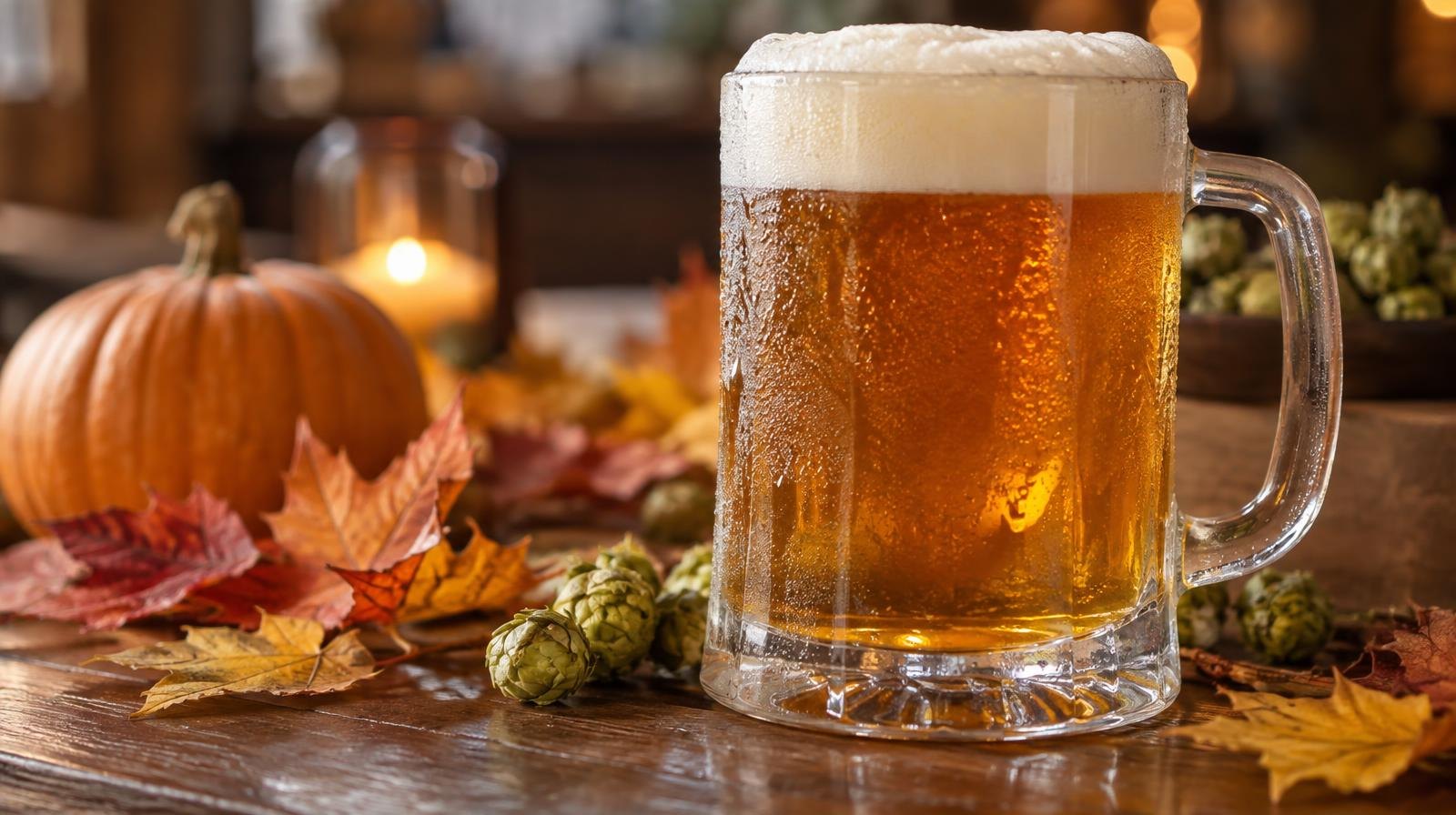 Frosted glass mug of amber beer with foam head on a wooden table.