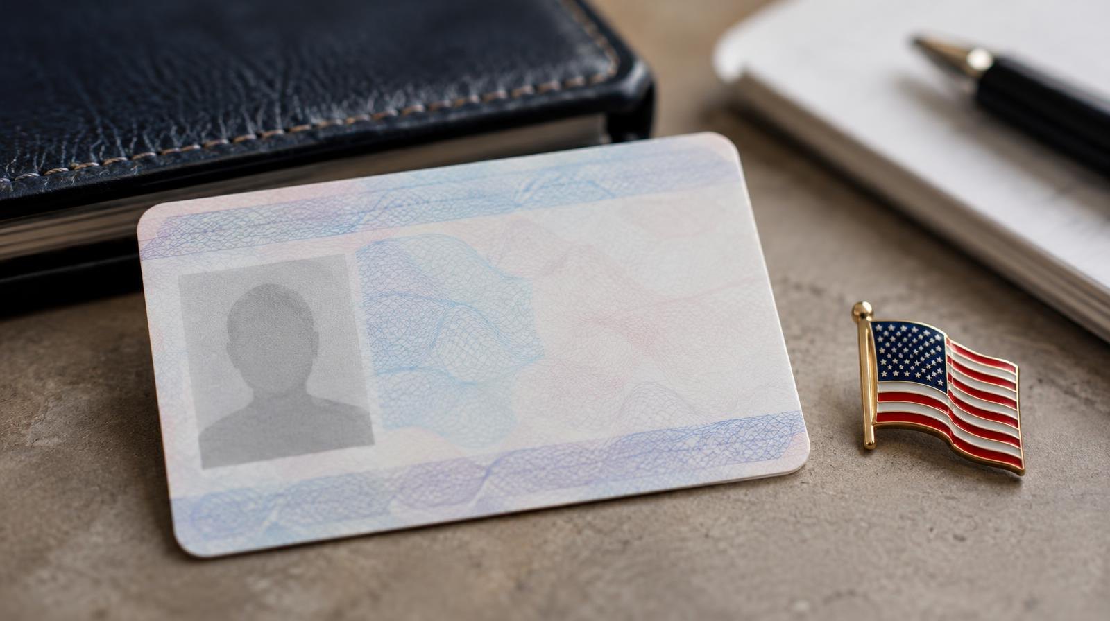 A blank photo ID card lies on a surface next to a small American flag pin.