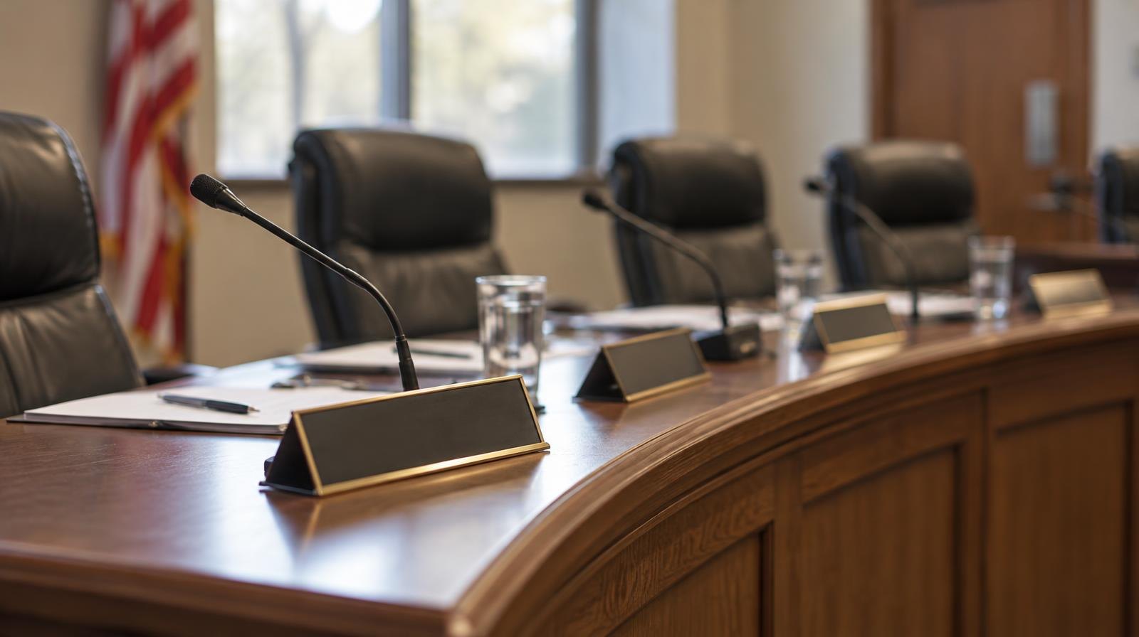 Empty meeting room with a long wooden table, name placards, and chairs in a formal arc.