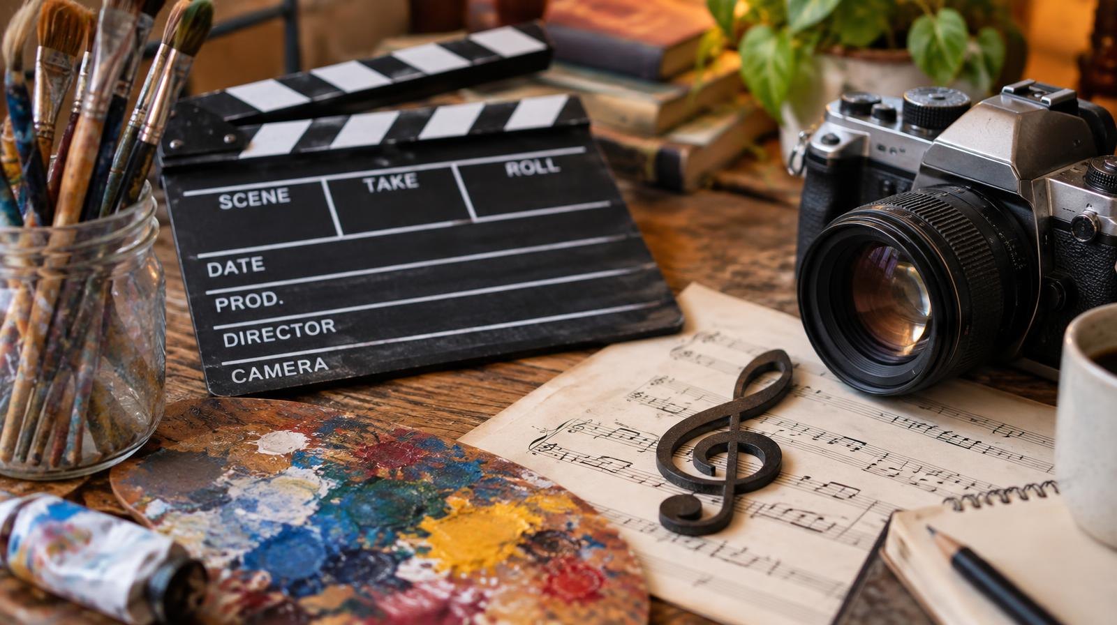 Paintbrushes, a film clapperboard, a musical note, and a camera arranged on a wooden surface.