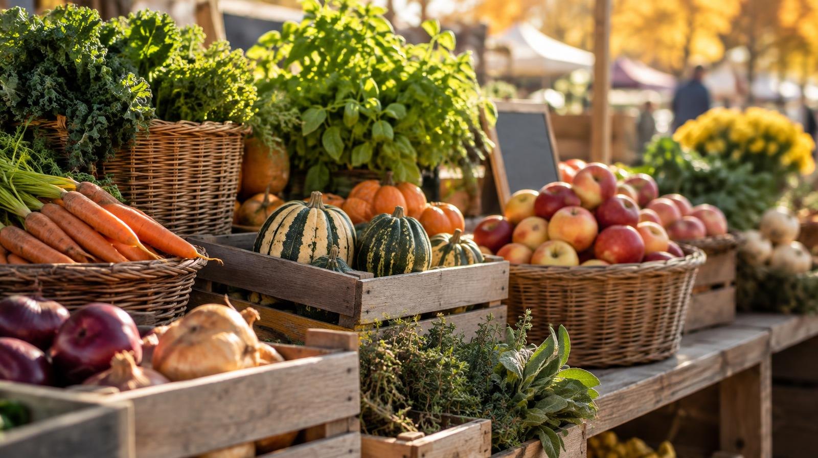 Wooden crates and wicker baskets filled with fresh vegetables, fruits, and herbs at an outdoor stand.