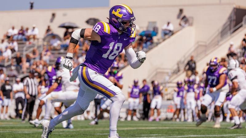 Football player in purple and gold uniform number 18 running on a grass field.