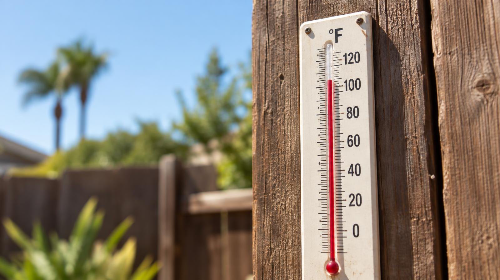 Outdoor thermometer on a wooden fence showing temperature above 100 degrees.