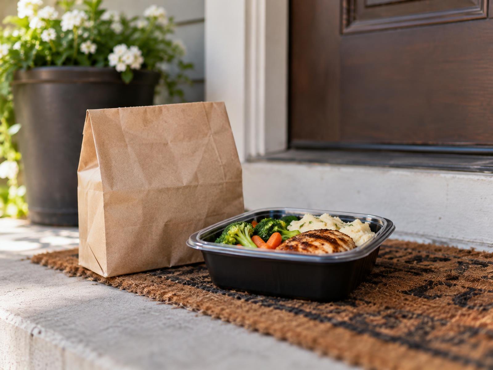 A hot meal in a disposable tray container on a doorstep beside a small paper bag.