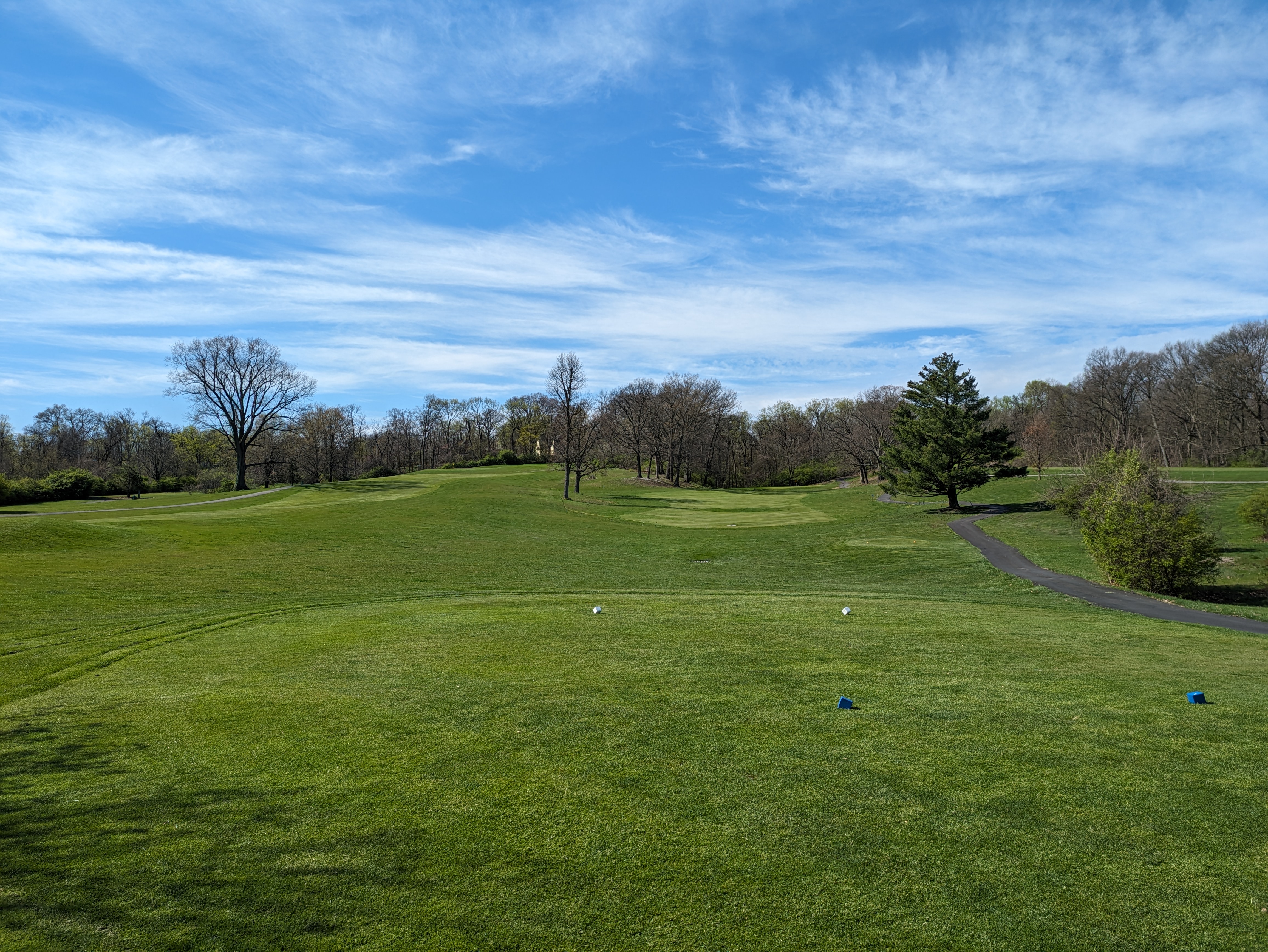 A green golf course fairway with tee markers, a cart path, and tree-lined edges.