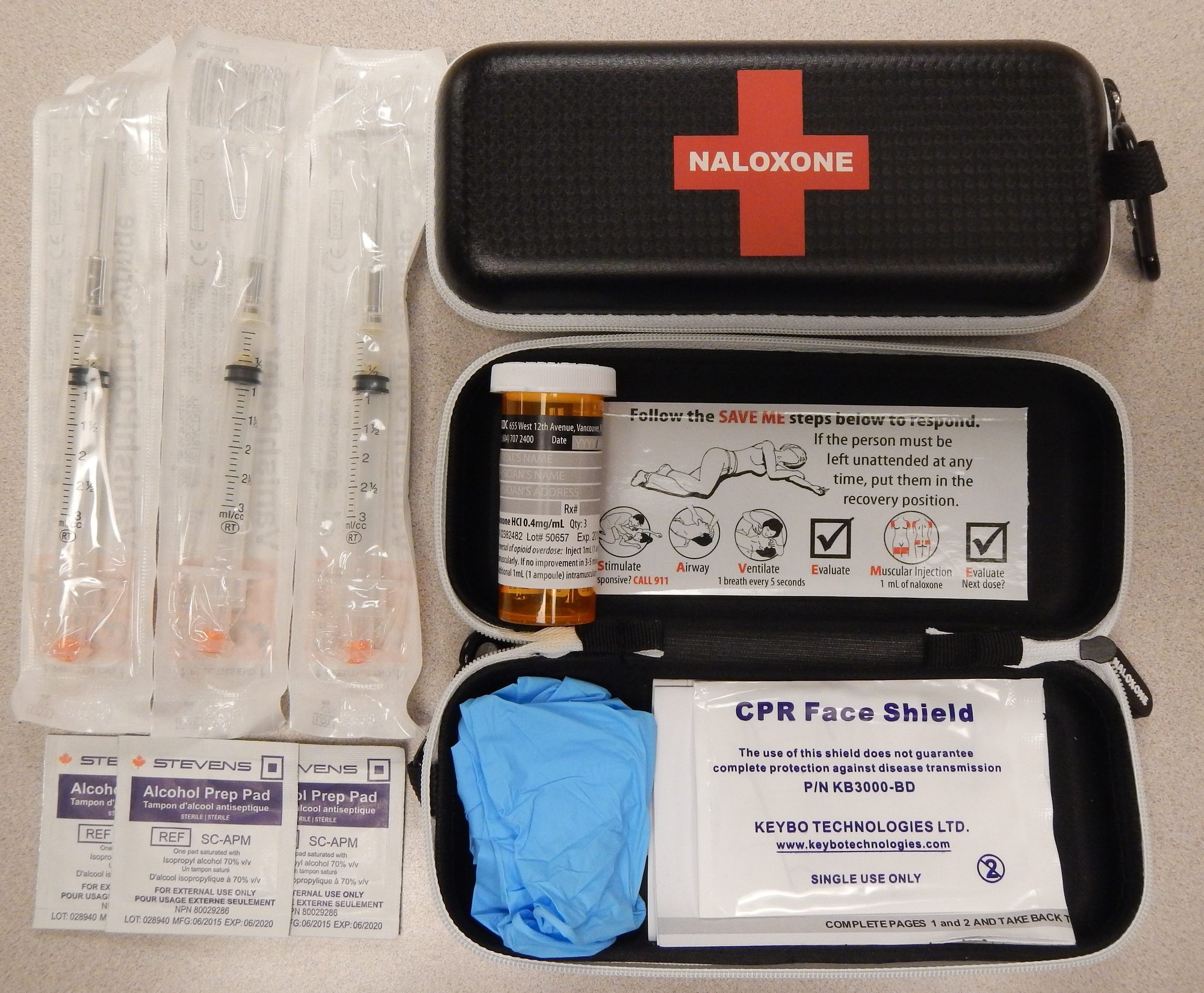 Naloxone kits as distributed in British Columbia, Canada