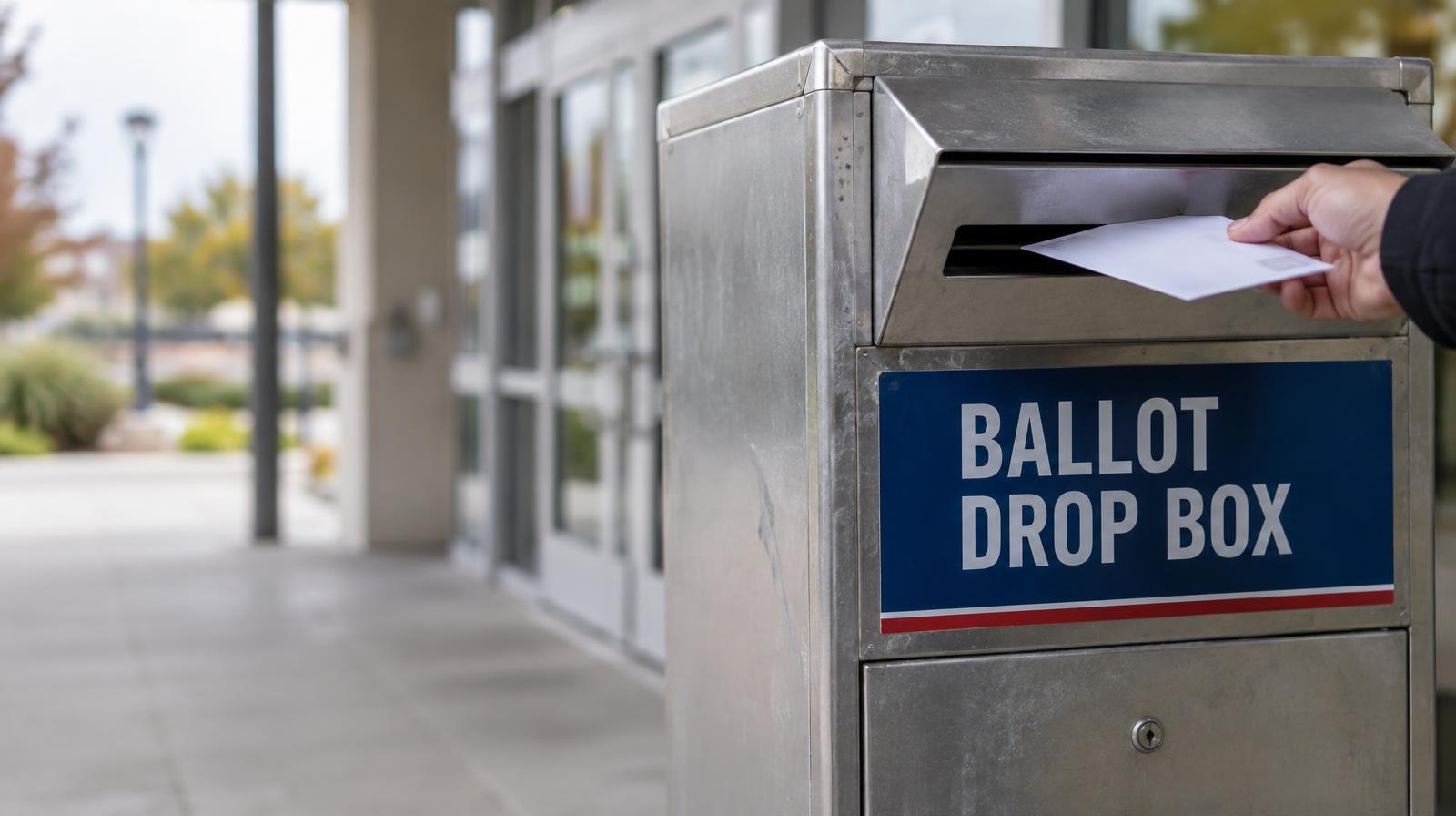 A metal ballot drop box with a deposit slot mounted outside a building entrance.