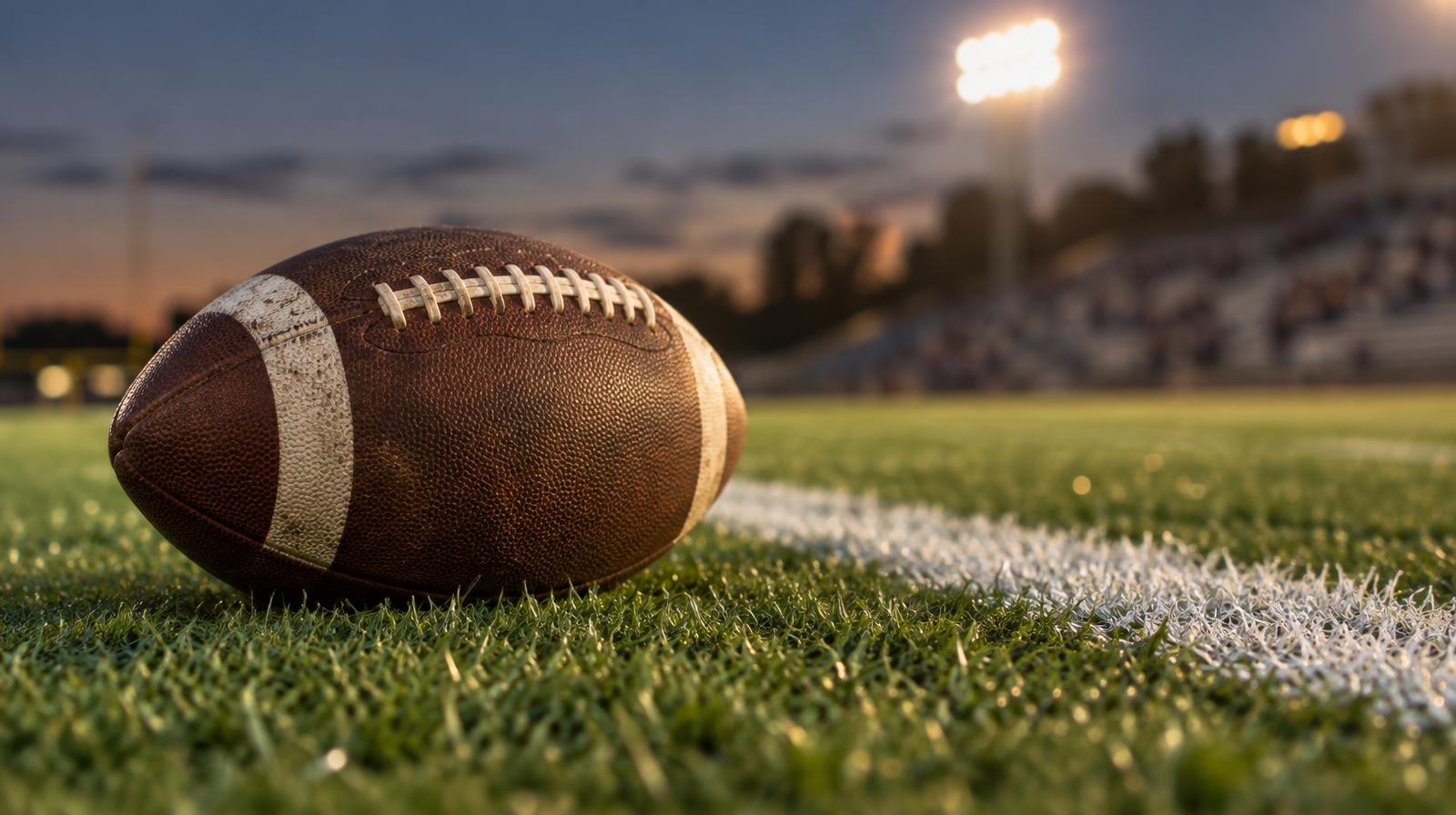 An American football sitting on green grass beside a white painted yard line.