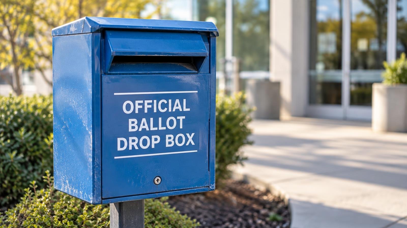 Blue official ballot drop box mounted on a post outdoors.