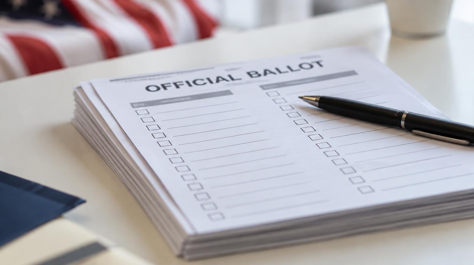 A stack of paper ballots with a pen resting on top.