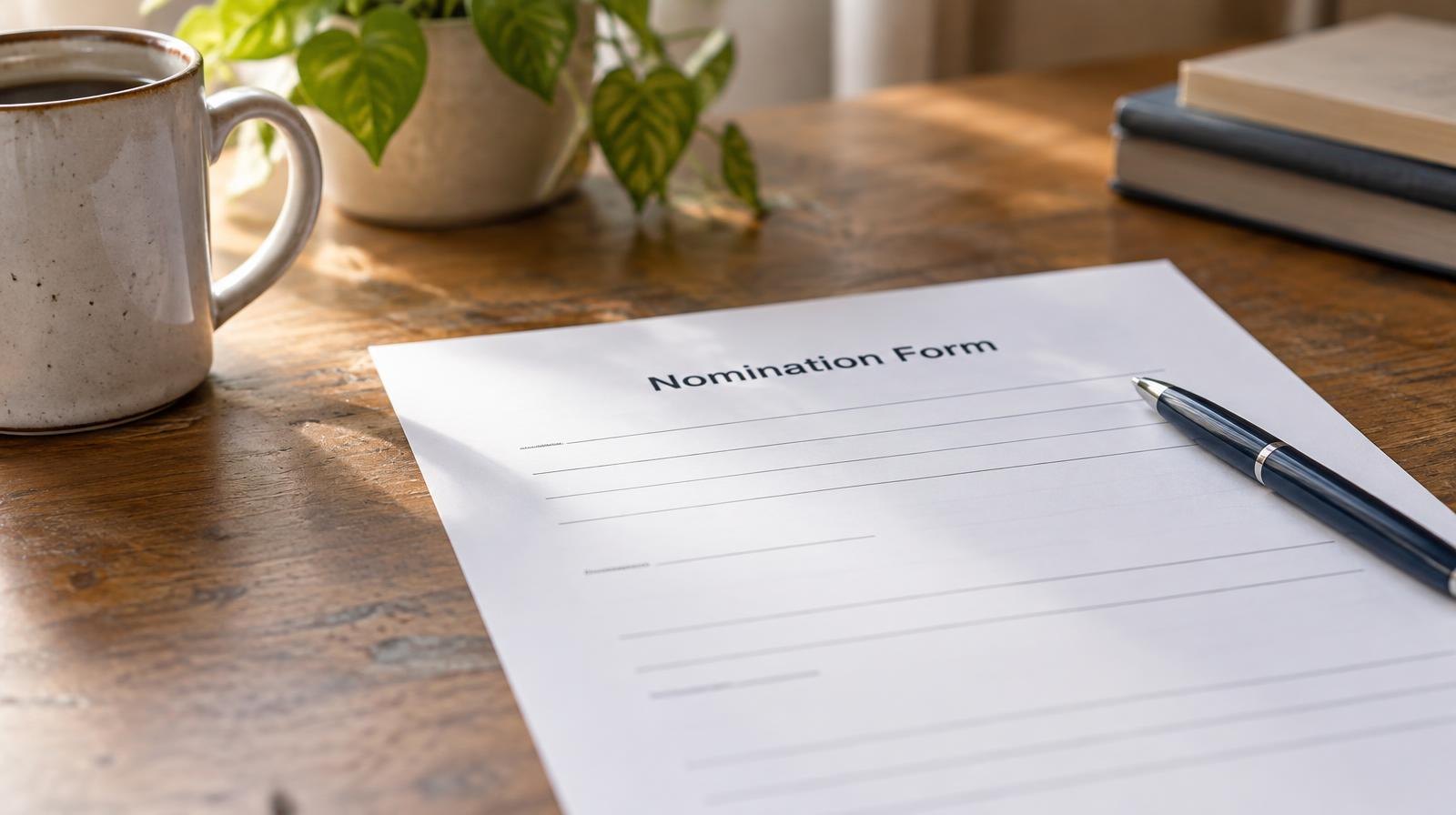 A blank form and pen resting on a wooden desk in warm indoor light.