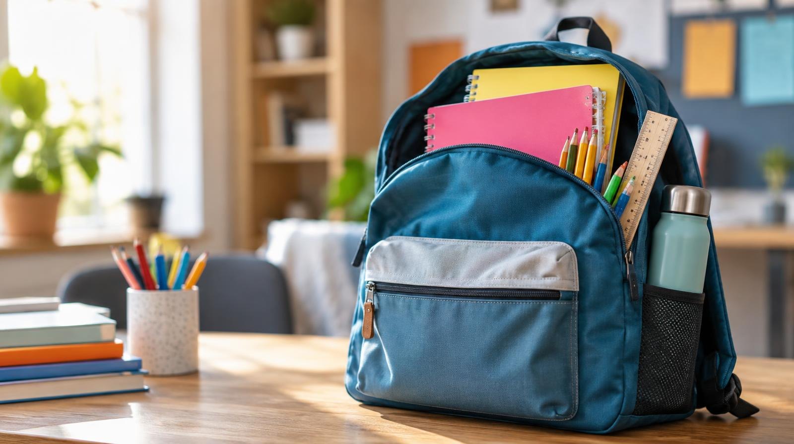 A colorful children's backpack filled with notebooks, pencils, and rulers on a table.