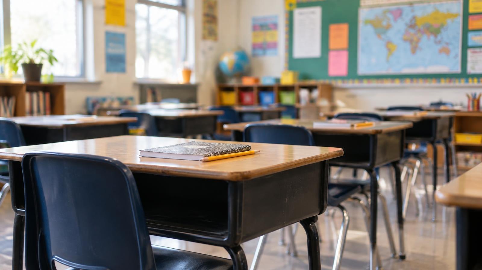 Rows of empty student desks in a bright classroom with colorful bulletin boards.
