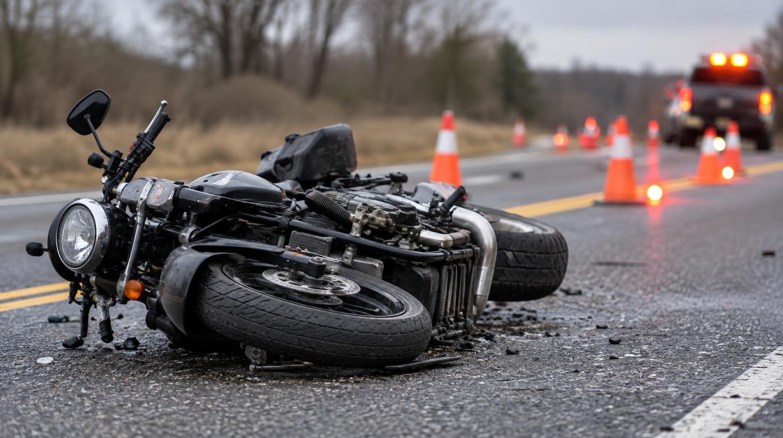 Motorcycle on its side on a road with traffic cones and flares nearby.