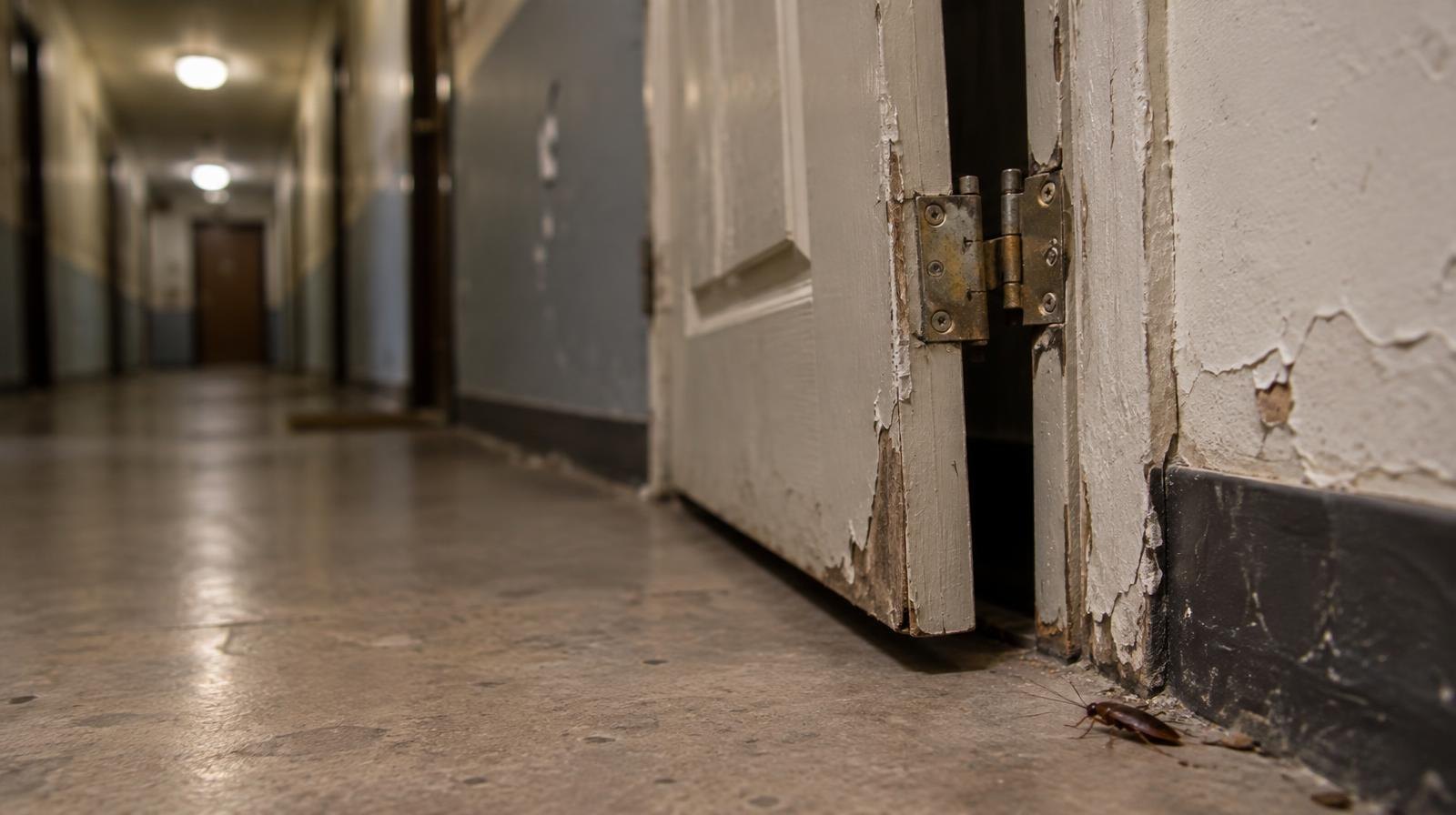 Dim apartment hallway with a broken door hanging off its hinges and peeling paint.