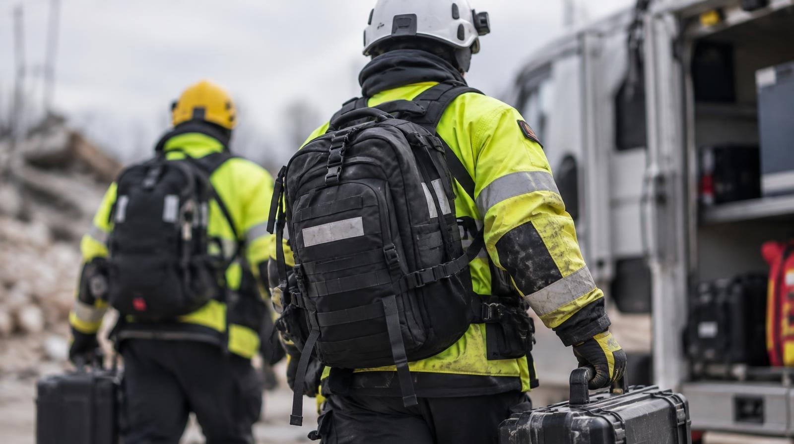 Rescue workers in helmets and high-visibility vests carrying equipment cases outdoors.
