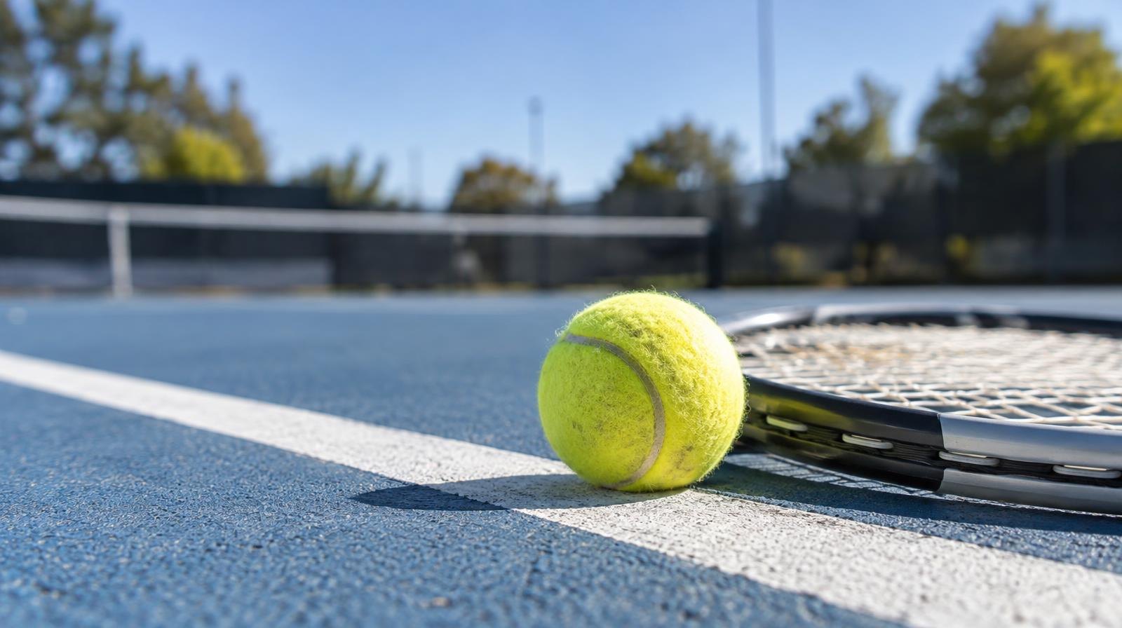 Yellow tennis ball and racket resting on the baseline of a blue outdoor hard court.
